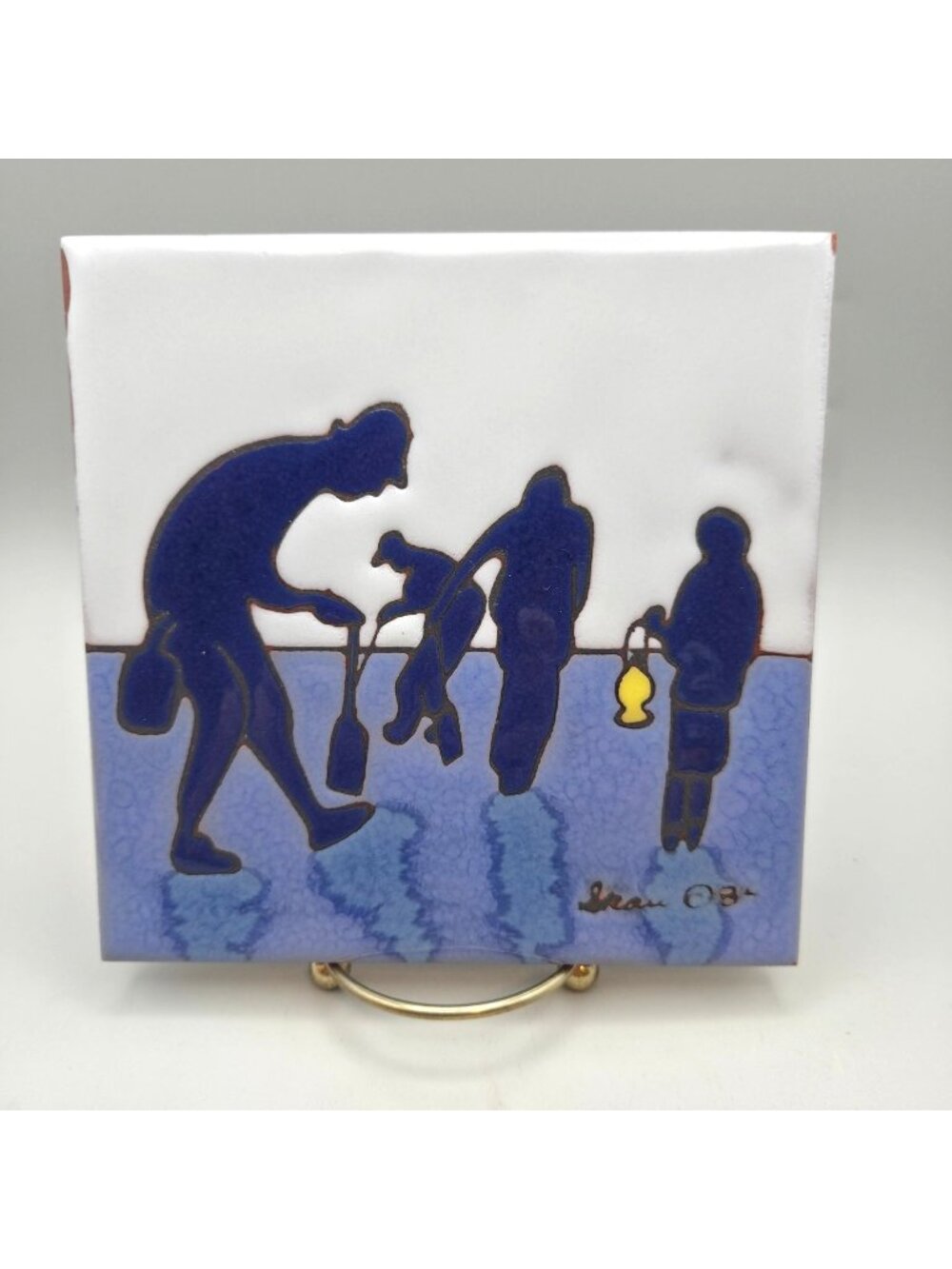 Myra Skau Art Pottery Ceramic Tile Signed 2008 Ice Fishing Silhouette Blue White